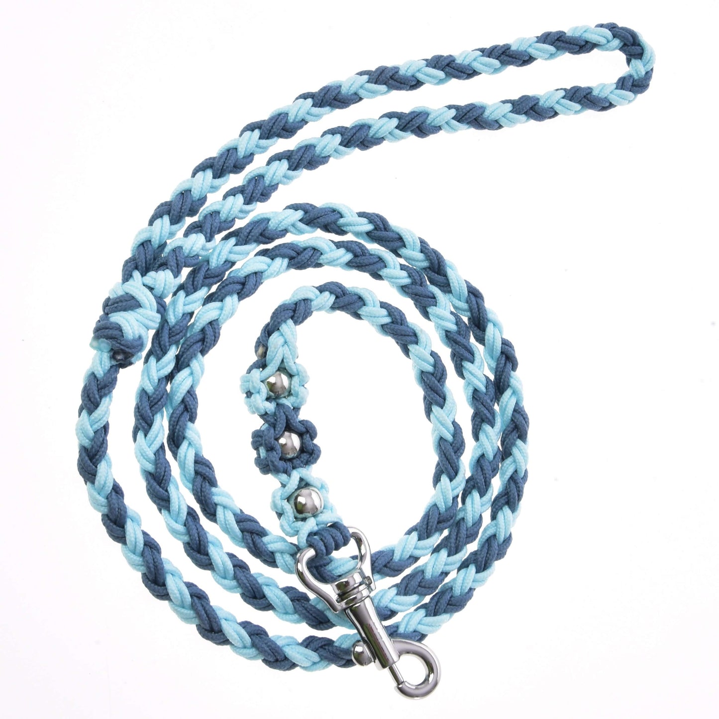 The Hobby Horse LarDen Lead Rope Bloom Blue features braided blue and light blue strands with a metal clip, coiled neatly on a white background—ideal for use as a stylish and quality hobby horse leash.