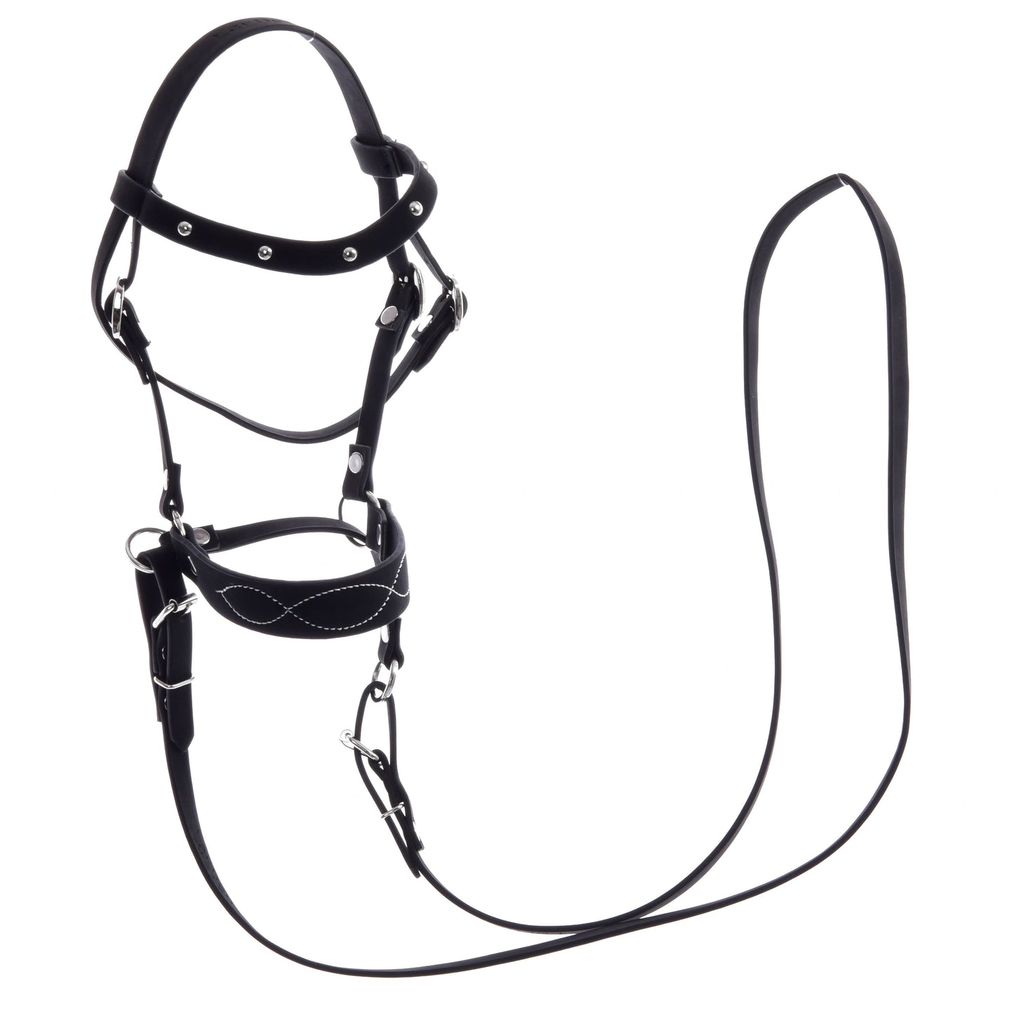 The Complete bitless bridle, decorated by Hobby Horse LarDen is a black horse halter with silver hardware, adjustable straps, and a long lead rope, ideal for hobby horses or use as a bitless bridle. Displayed on a white background.