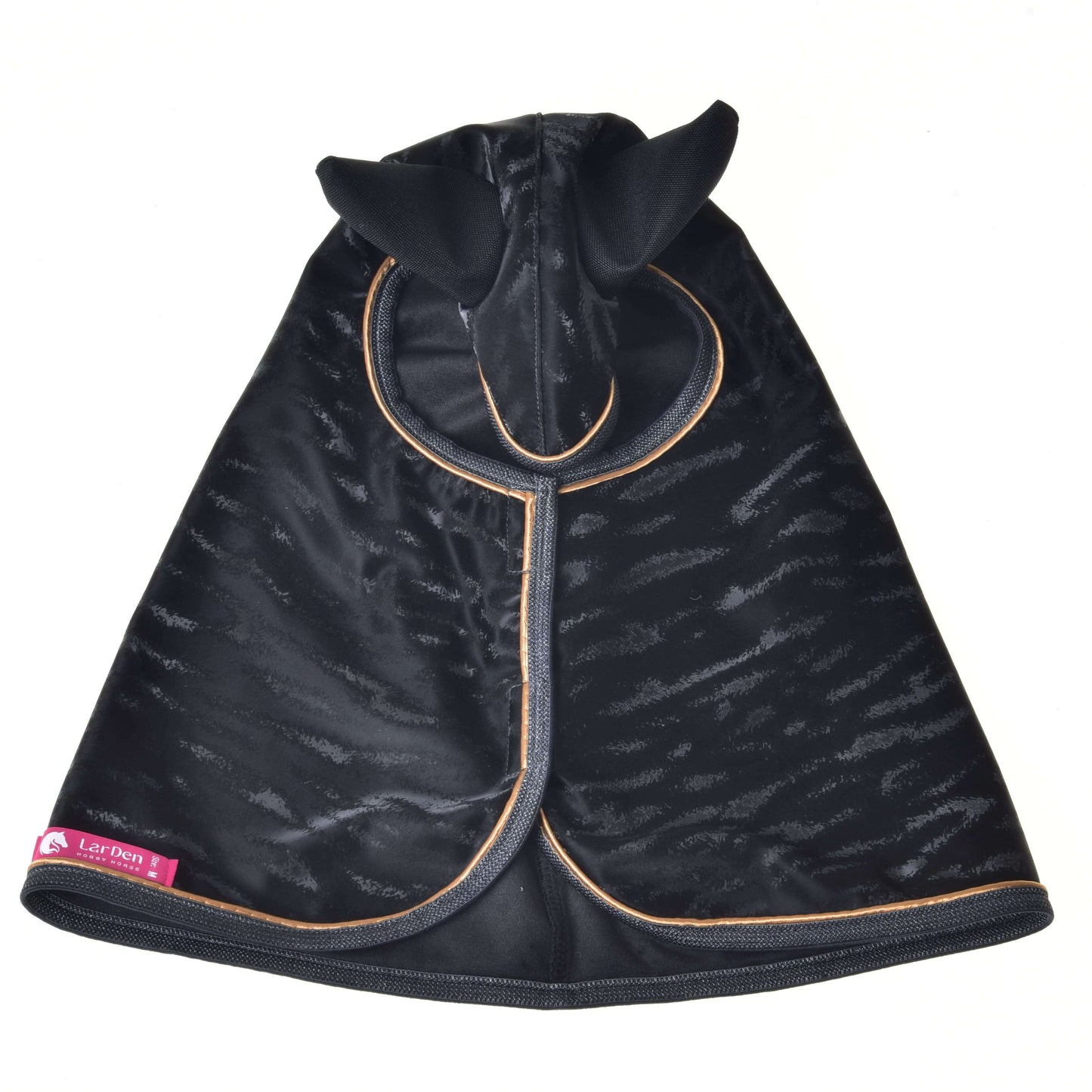 A black hooded horse fly mask with ear covers, brown trim, and a pink Hobby Horse LarDen tag in the bottom left corner—perfect to pair with your Raincoat Luxury—is displayed flat on a white background.