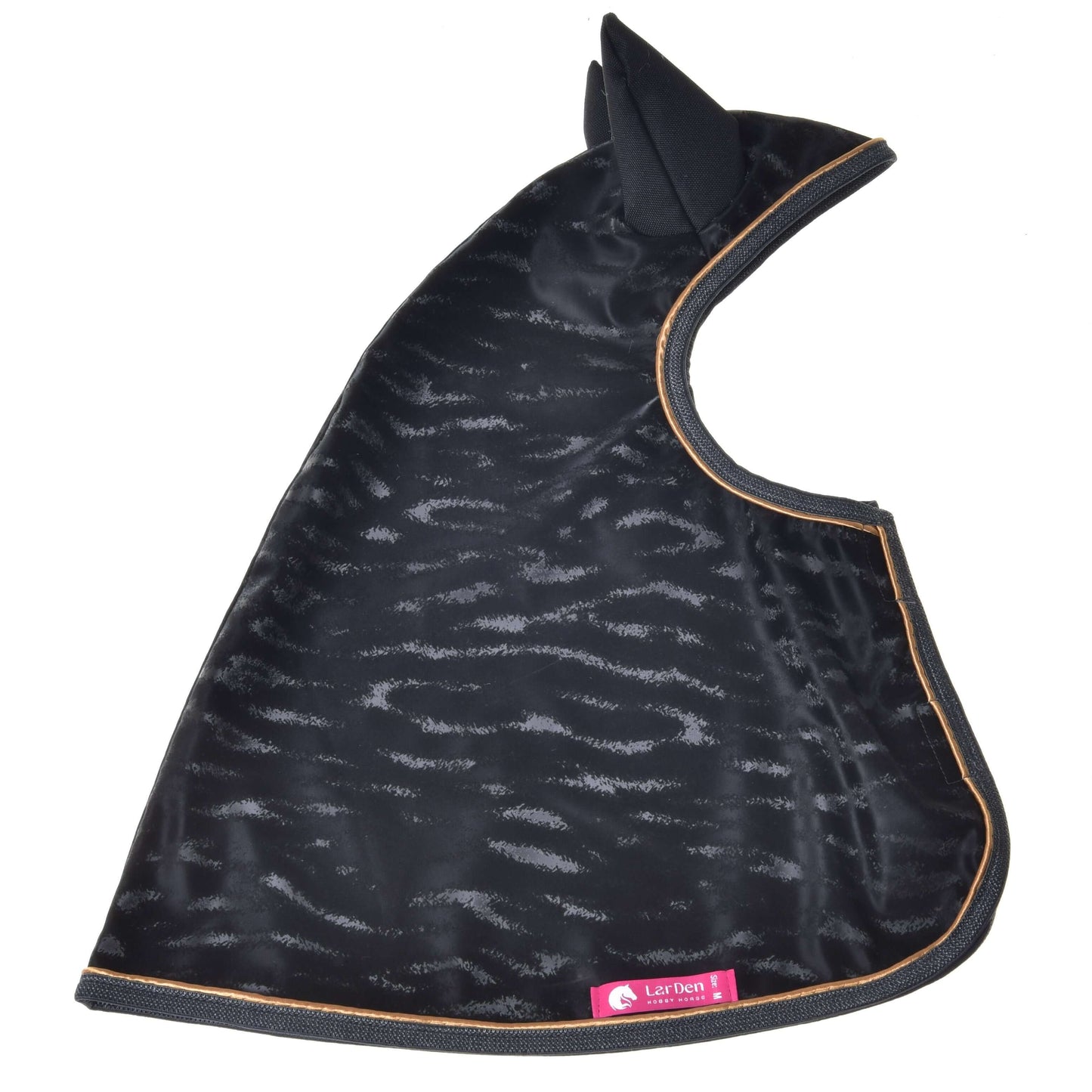 The Hobby Horse LarDen Raincoat Luxury is a black, satin-like ear bonnet with subtle stripes, tan edging, upright ear covers, and a pink label—perfect for keeping your hobby horse stylish under a raincoat.