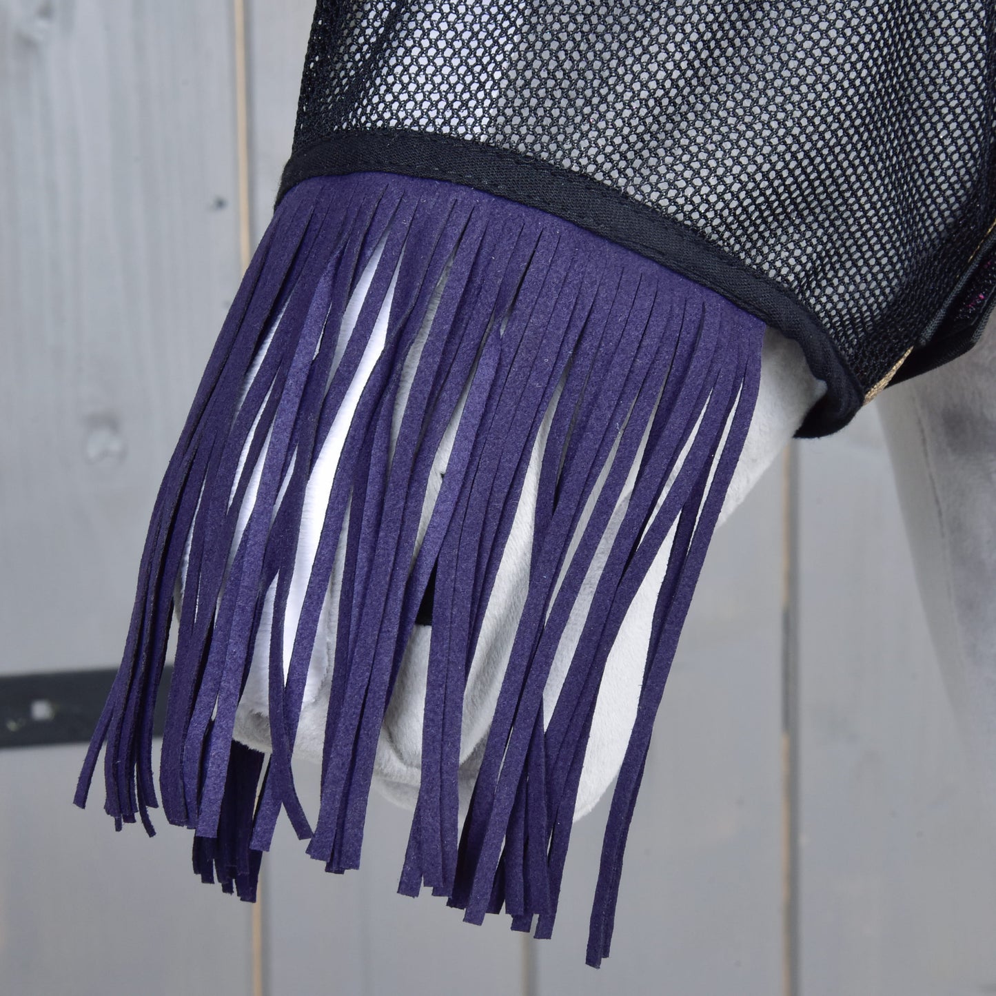 A close-up of a horse wearing the Fly Mask De Luxe Mona by Hobby Horse LarDen, featuring black mesh and long dark purple fringe, set against a light wooden background.