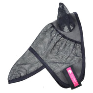 A black mesh washable Fly Mask De Luxe Full by Hobby Horse LarDen with ear covers and a pink LeMieux tag, designed to protect your horse’s face and ears from insects.