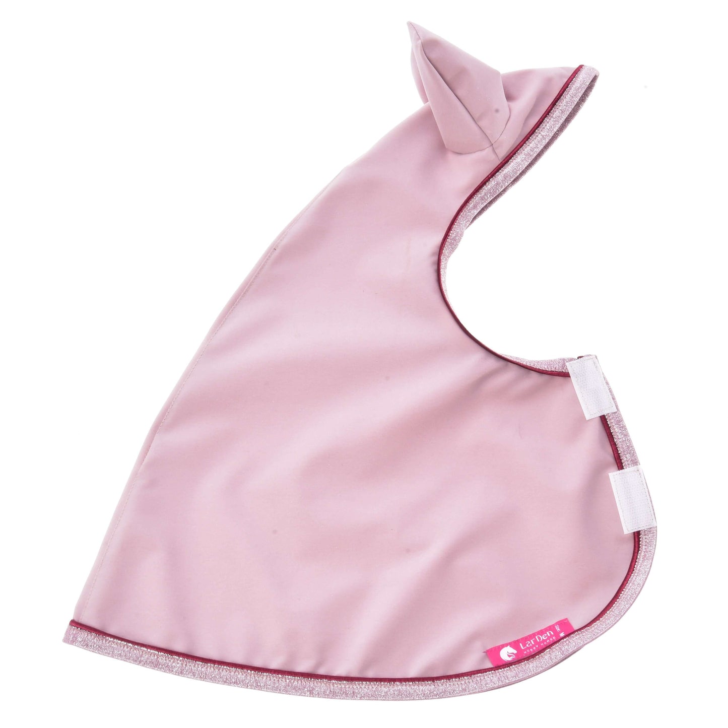 Raincoat Veloria by Hobby Horse LarDen is a light pink hooded cape with a pointed ear, shiny fabric, and white Velcro straps. A small pink tag accents the edge—perfect for any weather or hobby horse adventures.