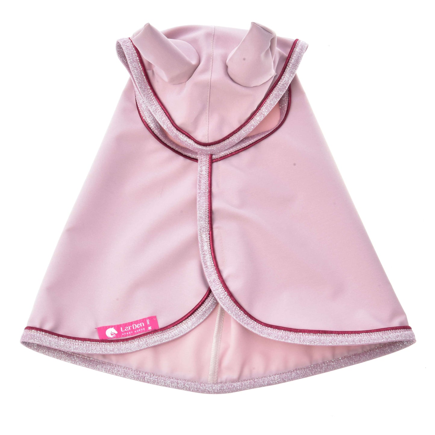 The Raincoat Veloria by Hobby Horse LarDen is a light pink pet cape with a hood, ear-like shapes, sparkly edging, and a pink side label—ideal for all-weather adventures.