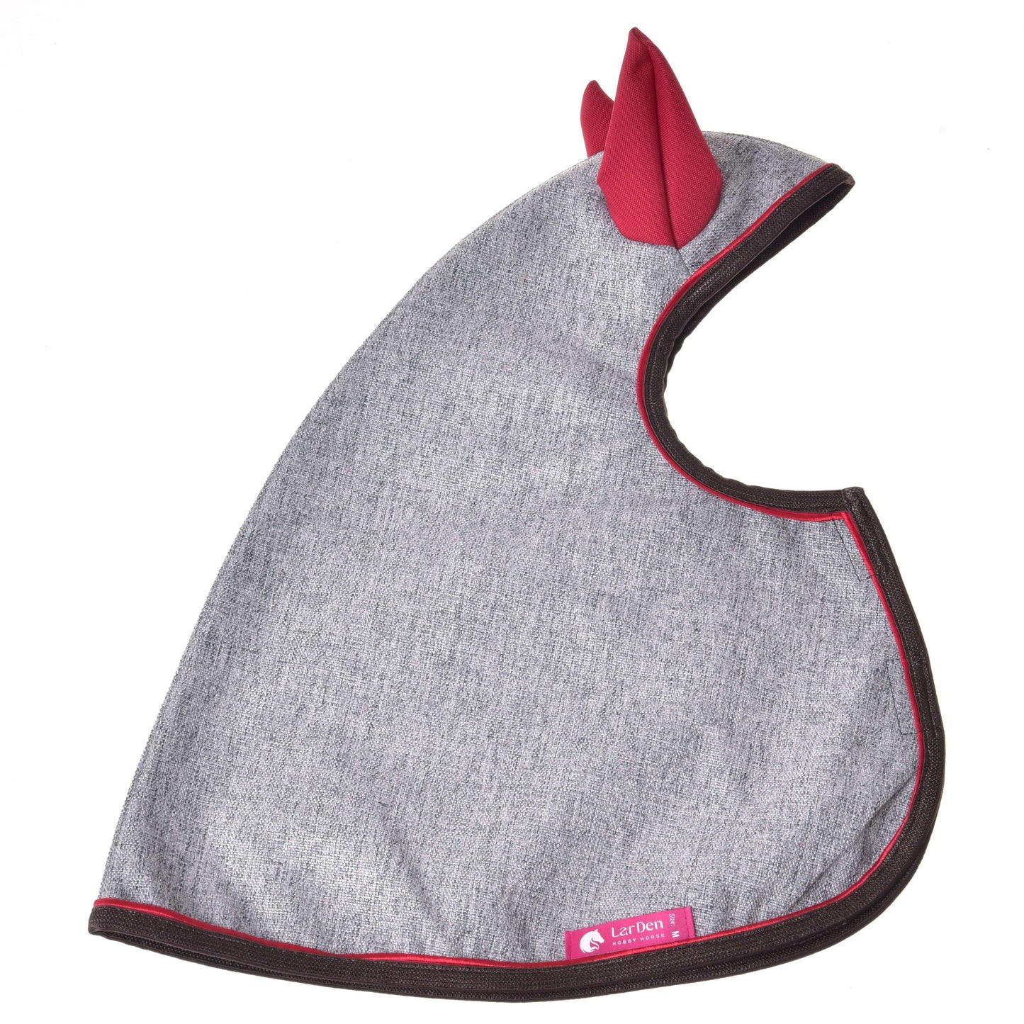 The Hobby Horse LarDen Raincoat Leonardo is a gray hooded pet cape with red fabric ears, dark trim, and a pink label near the bottom edge, shown laid flat on a white background. Designed for all weather.
