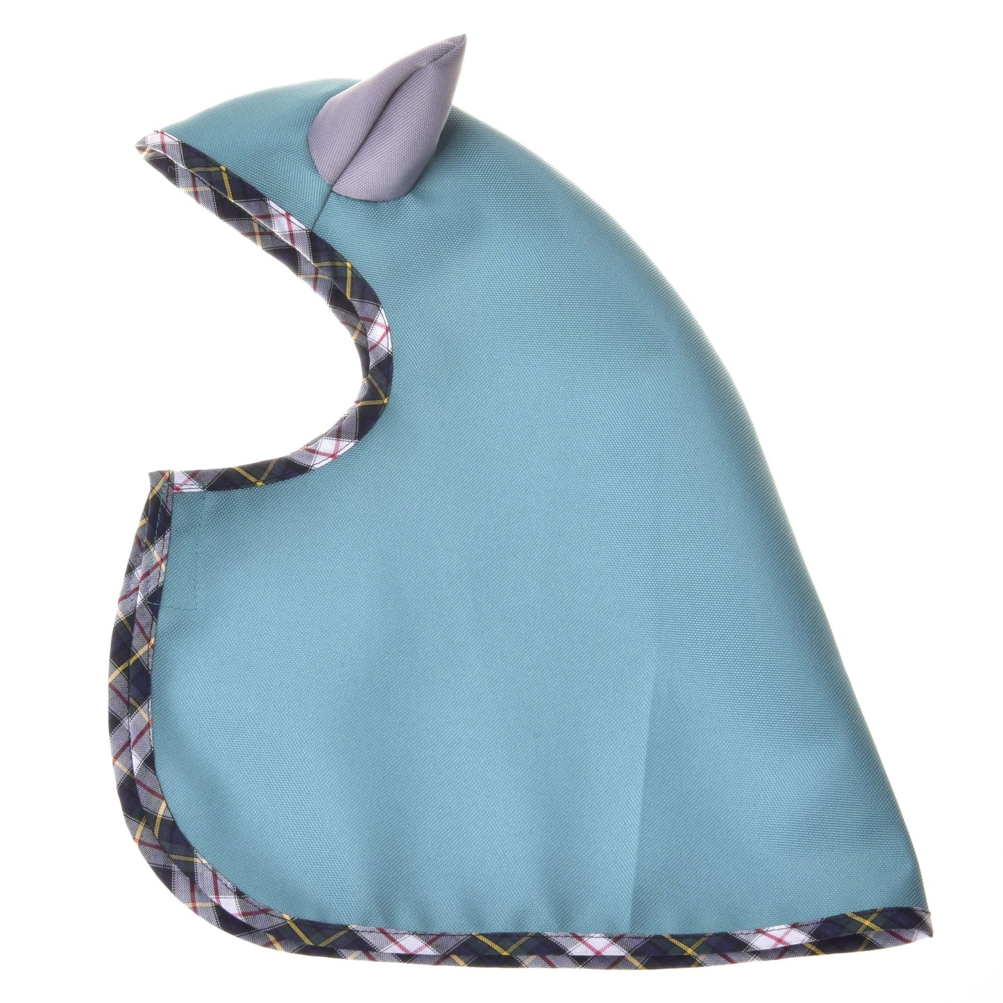 The Hobby Horse LarDen Summer raincoat Emerald—a whimsical teal softshell cape with plaid-trimmed edges and a gray ear on the hood, shown flat on white—makes the perfect layering piece for any adventurous ride.