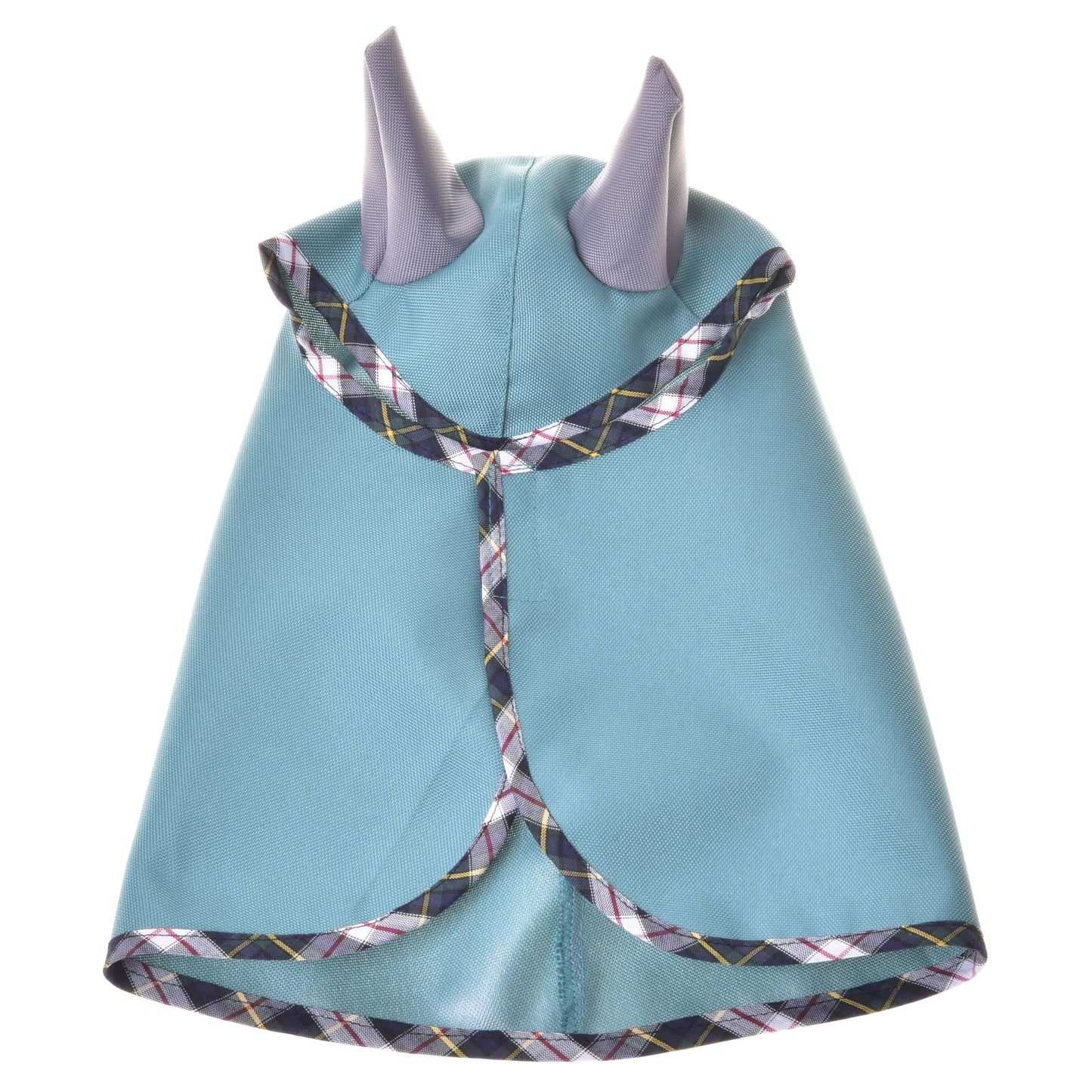 The Summer raincoat Emerald by Hobby Horse LarDen is a teal softshell cape with plaid trim and two upright, light purple horn-like shapes on top—shown flat from the back, it's the perfect finishing touch for your Hobby Horse costume.