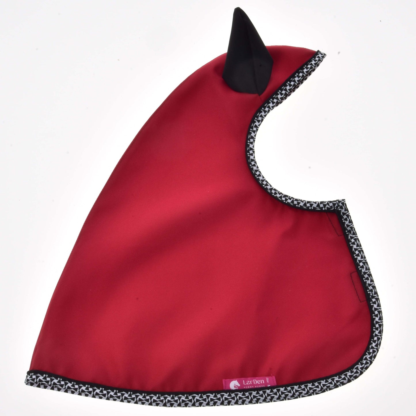 The Raincoat Red Ferrari by Hobby Horse LarDen features a black and white patterned trim and a single black pointed ear accent, shown flat on a white background.