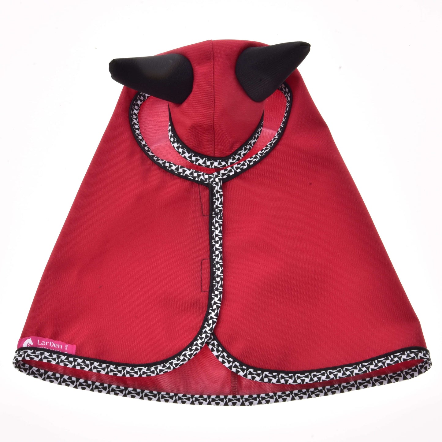 The Raincoat Red Ferrari by Hobby Horse LarDen is a red pet cape with black-and-white trim and black horn-like shapes, doubling as an all-weather devil costume for your furry friend's next adventure.