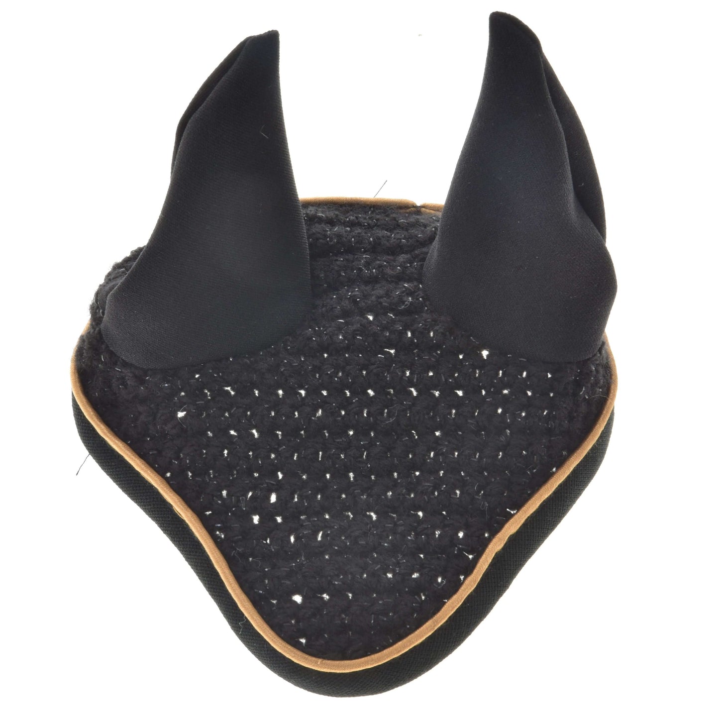 The Hobby Horse LarDen Ear Bonnet Crocheted Black Gold features upright fabric ears and a tan trim for stylish insect protection, shown on a white background.