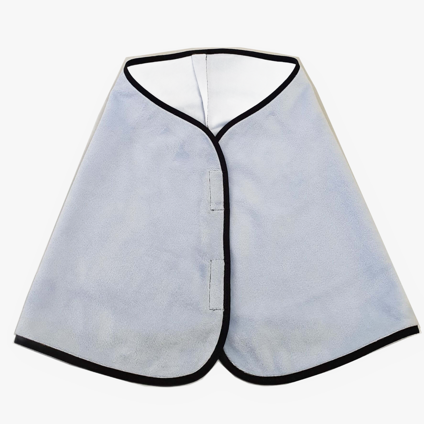The Blanket Aqua by Hobby Horse LarDen is a light blue, cape-shaped horse blanket with black trim and front closure, shown flat on a white background.
