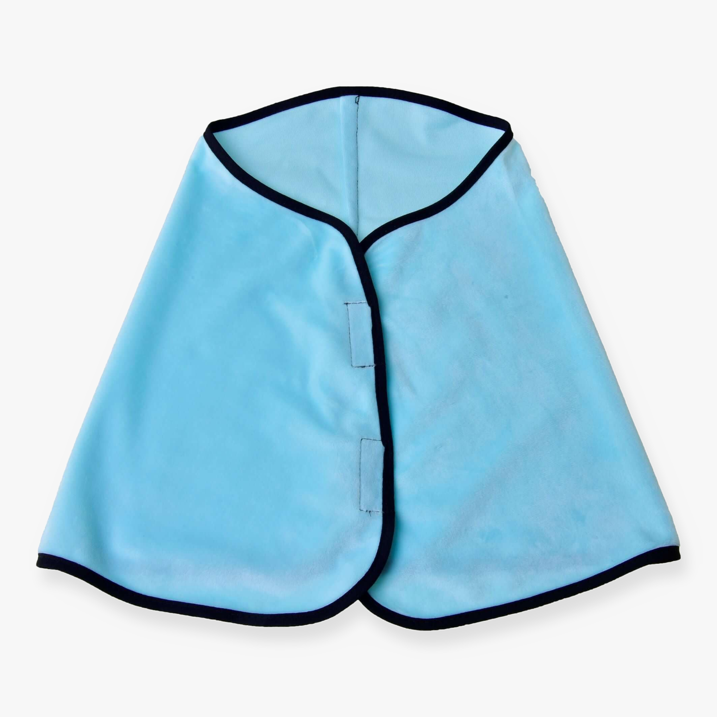 The Hobby Horse LarDen Blanket Ice Blue features black trim and two front Velcro fasteners, shown flat on a white background—perfect for horse training or play.