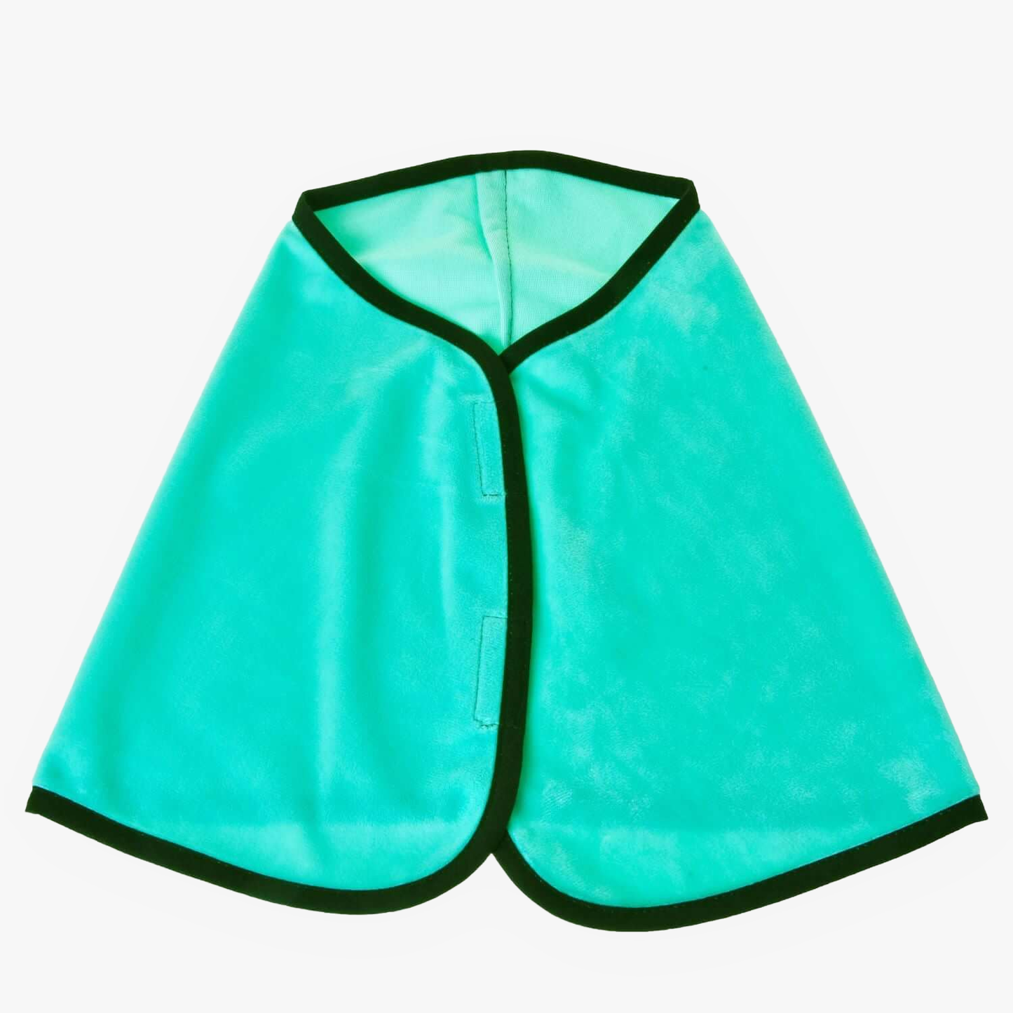 The Hobby Horse LarDen Blanket Mint cape, in bright turquoise with black trim and a V-shaped neckline, is laid flat on a white background. It fastens at the front with Velcro, making it ideal for horse training sessions.