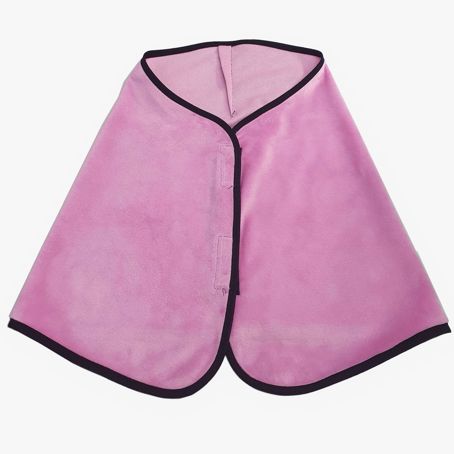 The Blanket Rose by Hobby Horse LarDen is a pink microfiber salon cape with black trim and a front hook-and-loop closure, laid flat on white background, resembling a stylish training or hobby horse blanket.