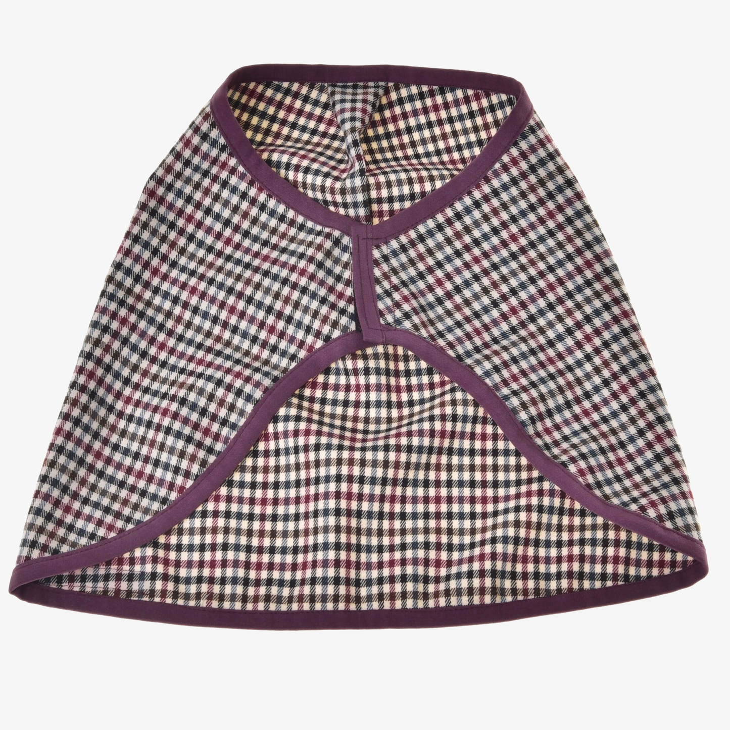 The Hobby Horse LarDen Blanket Western Colorado is a sleeveless pet jacket with purple trim, featuring a plaid pattern of small black, red, and beige checks on white, inspired by classic Hobby Horse blanket designs.