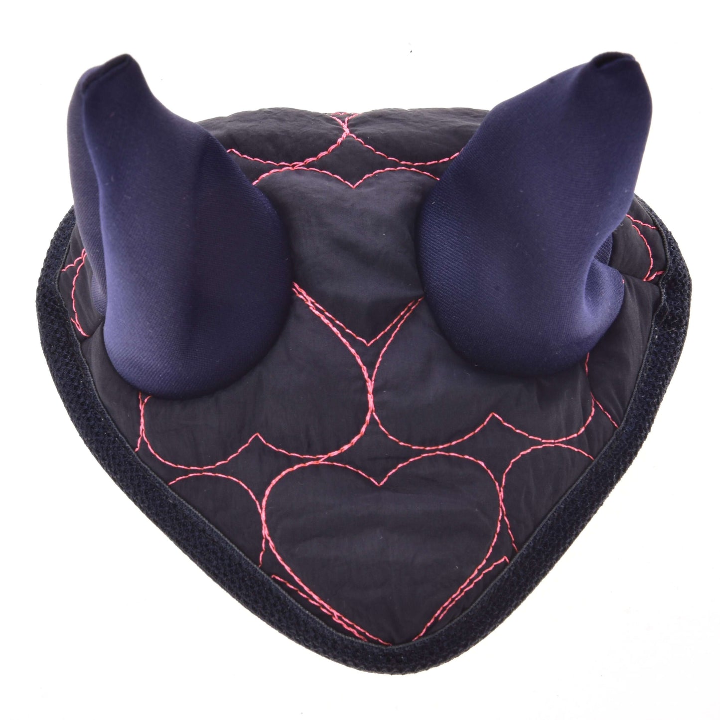 The Hobby Horse LarDen Ear Bonnet Pink Heart is a dark, heart-shaped horse ornament with horn-like padded points and red stitching, resembling fly protection gear, shown from above on a white background.