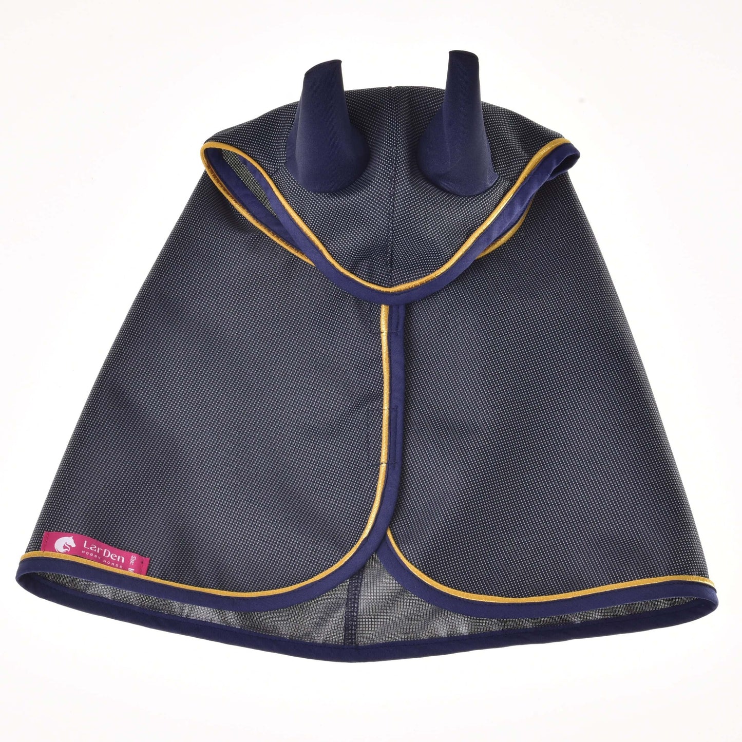 The Raincoat Crone by Hobby Horse LarDen is a dark gray mesh horse fly mask with navy blue ear covers and yellow trim, featuring a pink label—an ideal accessory for your hobby horse collection.