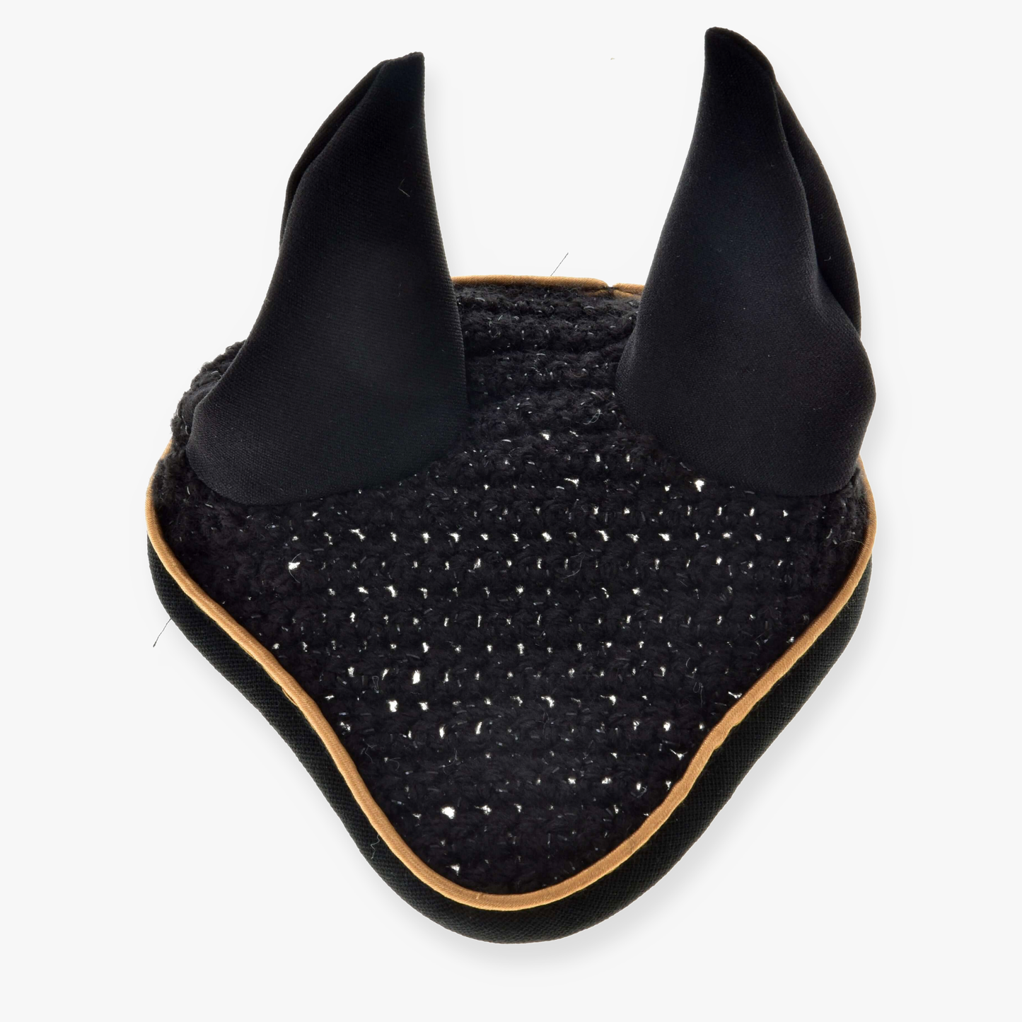 Nauszniki szydełkowane Black Gold od Hobby Horse LarDen z pionowymi materiałowymi uszami i beżową lamówką, zapewniające stylową ochronę przed owadami, pokazane na białym tle.