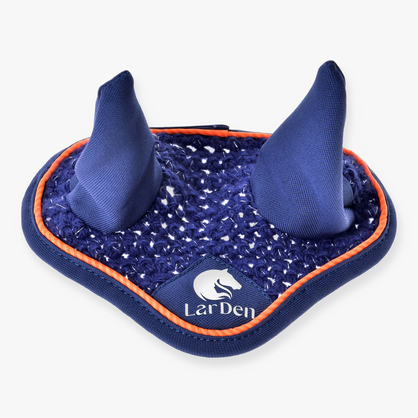 The Hobby Horse LarDen Ear Bonnet Crocheted Blue Sport features two upright ears, orange trim, insect protection, and a white horse head logo with "LarDen" text on the front.