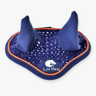 The Hobby Horse LarDen Ear Bonnet Crocheted Blue Sport features two upright ears, orange trim, insect protection, and a white horse head logo with "LarDen" text on the front.