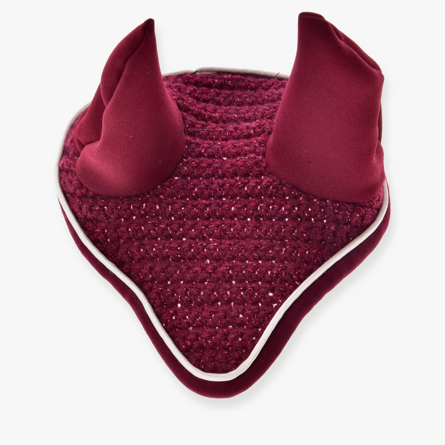 The Hobby Horse LarDen Ear bonnet crocheted Lux Maroon features two pointed ear covers and a white trim, offering insect protection for hobby horses. Displayed on a plain white background.