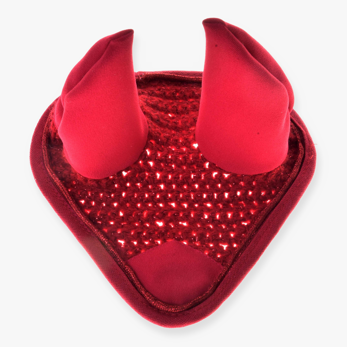 The Hobby Horse LarDen "Ear bonnet crocheted red" is a red heart-shaped headband with two soft, upright devil horns and a sparkly sequined center, inspired by a crocheted design, shown on a white background.