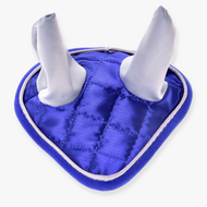 The Hobby Horse LarDen Ear Bonnet DeLuxe Blue, a blue quilted cloth item with two upright gray fabric cones, is shown on a white background.