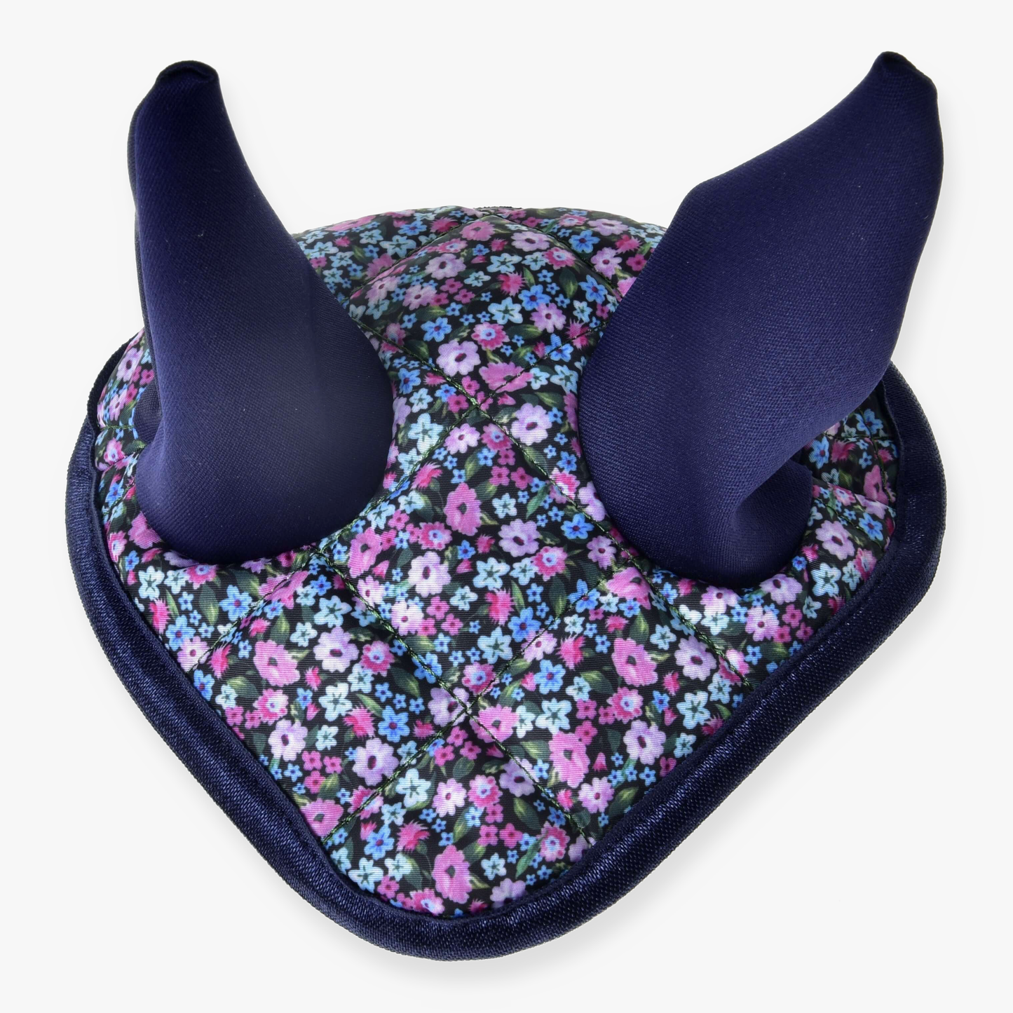 The Hobby Horse LarDen Ear Bonnet Flower features purple and blue ear fabric with a base adorned in small pink, blue, and purple flowers, providing both charming style and effective insect protection.
