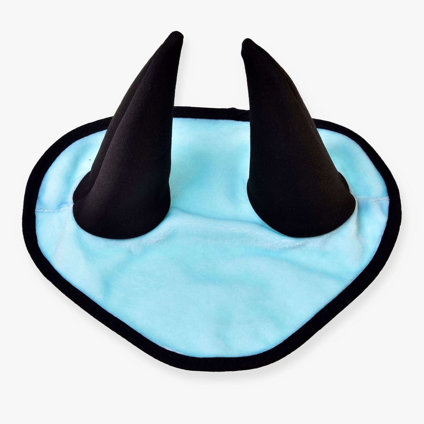The Hobby Horse LarDen Ear Bonnet Ice Blue features a light ice blue design with two tall, pointed black horns and a black border, shown lying flat on a white background.