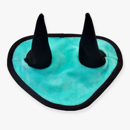 The Hobby Horse LarDen Ear Bonnet Mint features a turquoise and black triangular fabric pad with two upright, cone-shaped "ears"—ideal for use as a hobby horse ear bonnet or for fly protection.