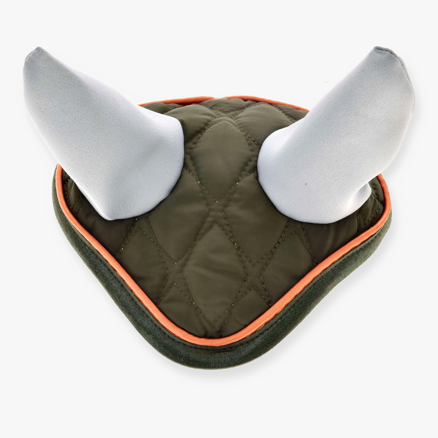 The Hobby Horse LarDen Ear Bonnet Sport is a padded, quilted olive-green ear bonnet with orange trim and soft gray horns—triangle-shaped and perfect for hobby horses, providing ideal insect protection.