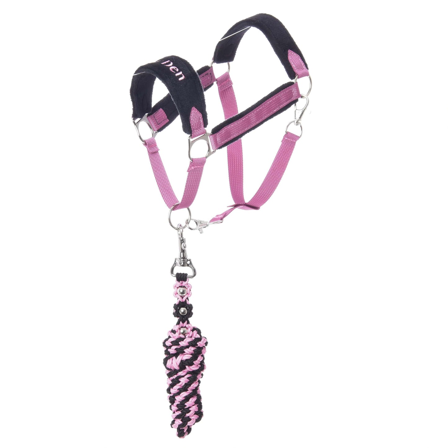 The Hobby Horse LarDen Set LarDen Exclusive Pink features a pink and black halter with a soft fleece noseband, silver metal rings, and a matching braided lead rope, shown against a white background.