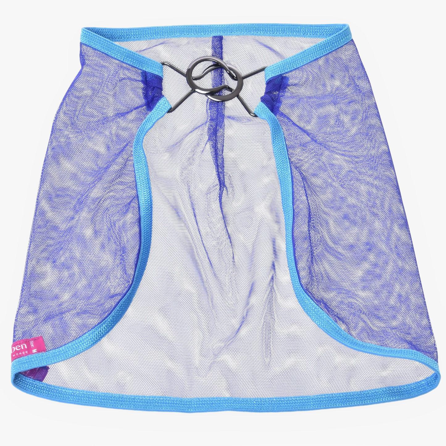 The Hobby Horse LarDen Fly sheet is a blue mesh cape with light blue trim and two black rings at the neckline, shown flat on a white background. A small pink tag decorates the bottom left corner—ideal for hobby horse play.