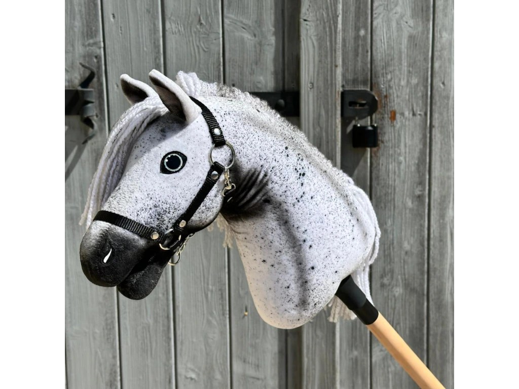 Hobby Horse Naivy z czarnym kantarem - rozmiar S od Hobby Horse LarDen, z szaro-białym umaszczeniem Appaloosa, czarnym kantarem i białą grzywą, osadzony na kiju i pokazany na tle postarzałych drewnianych drzwi.