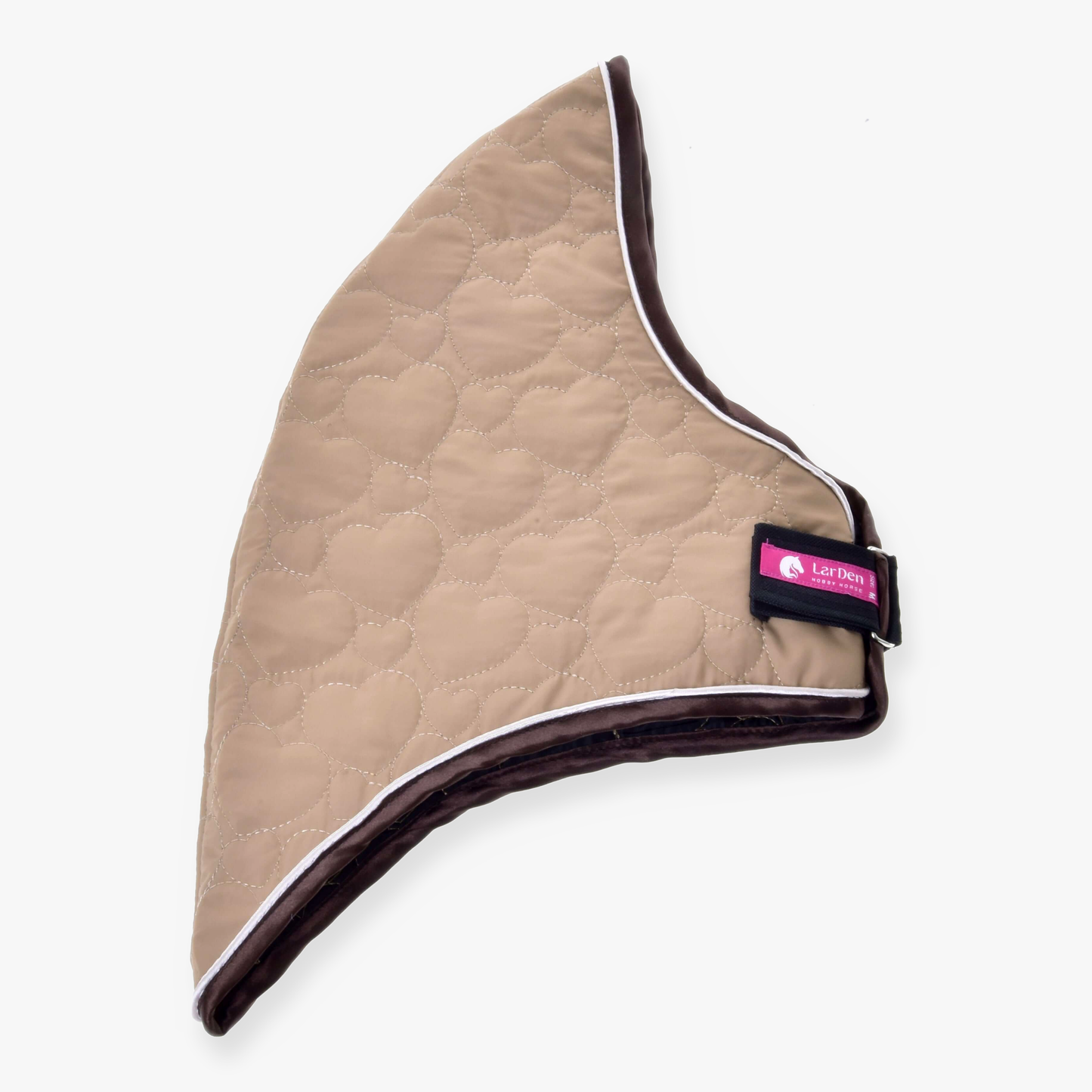 The Hobby Horse LarDen "Neck cover Bonanza" is a tan quilted fabric dog jacket with heart stitching, brown trim, and a Velcro strap featuring a pink "Let Demi" label. Secure fasteners ensure comfort and fit. Displayed on a white background.
