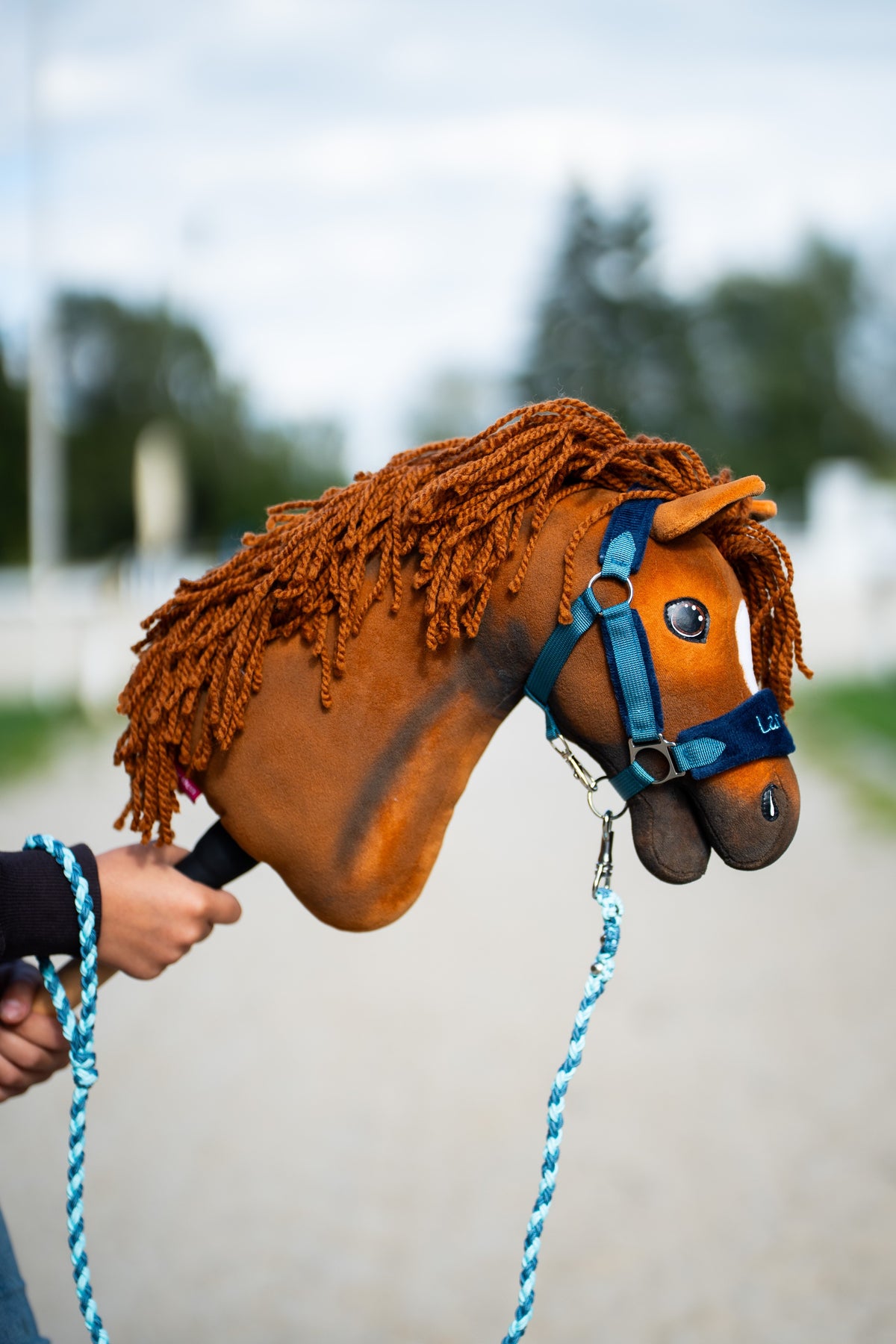 Detail photo: the head of the Hobby Horse Pippa with Black Halter by Hobby Horse LarDen held up beside the arena, the blue lead rope hanging - chestnut plush, ginger yarn mane and forelock - shown here with the fur-lined LarDen Blue halter and the Bloom Blue lead rope.
