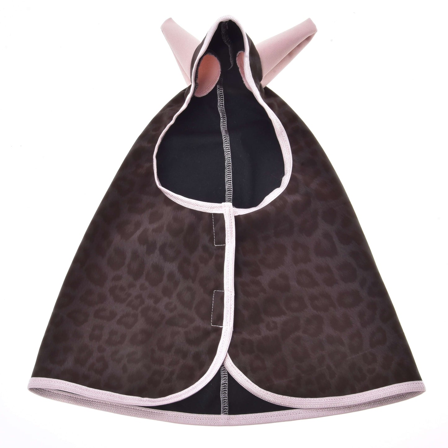 Raincoat Milly by Hobby Horse LarDen is a small pet cape with a brown and black leopard print, light pink trim, and Velcro front closure—an all-weather layer perfect for your furry friend’s rainy stroll or hobby horse adventure.