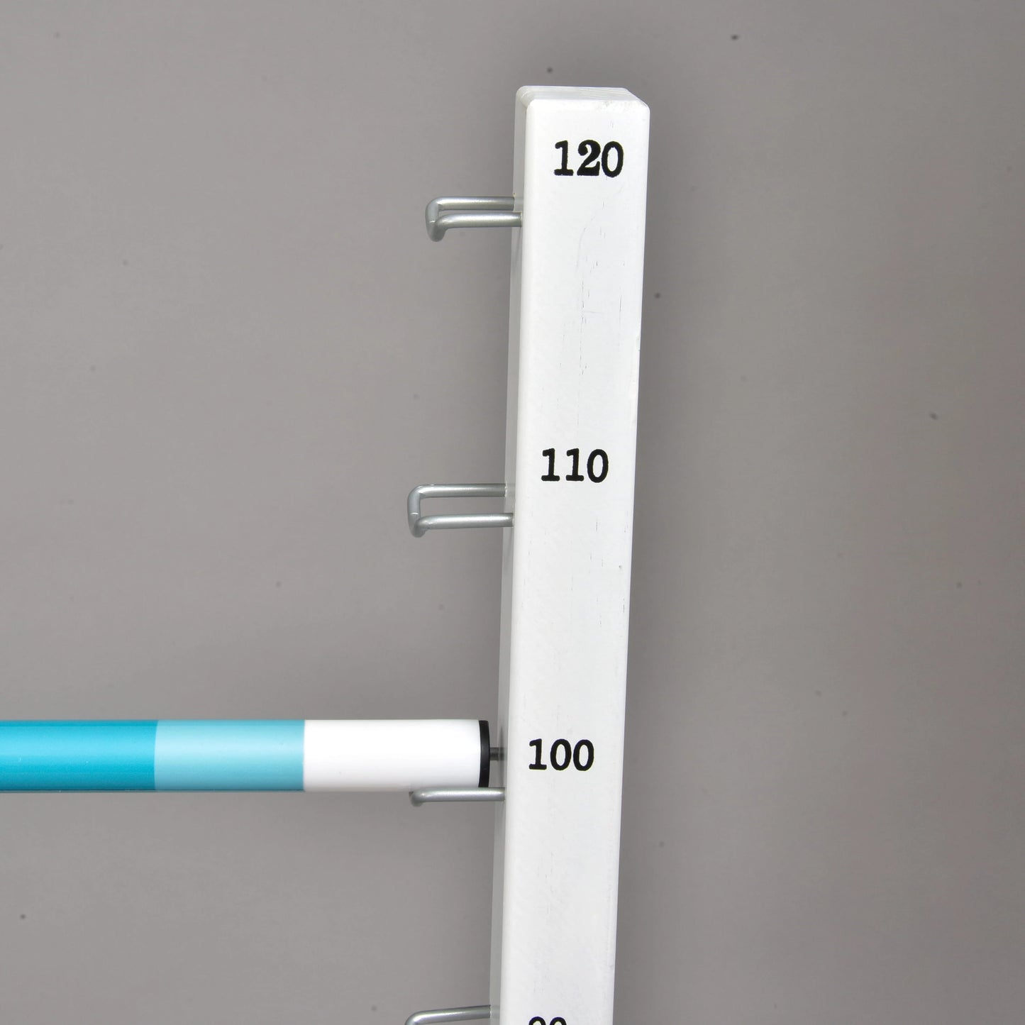 The Hobby Horse LarDen Jump 120 cm / 47 inch features a white vertical pole with hooks and height markers at 100, 110, and 120, plus a blue and white horizontal bar set at 100—ideal for cavaletti or hobby horse jumping.