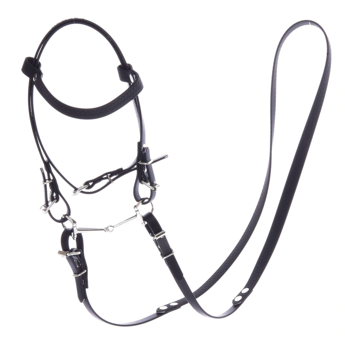 The Hobby Horse LarDen Complete bridle without noseband Pure Black features black leatherette with silver fittings and detachable reins, perfect for hobby horse enthusiasts. Shown on a white background.