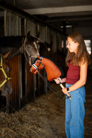 Dziewczynka w ciemnoczerwonej bluzce stoi w korytarzu stajennym, trzymając Hobby Horse Rocky marki LarDen, a prawdziwe konie patrzą z boksów – kasztanowatobrązową pluszową głowę z białą łysiną i czarną grzywą z włóczki – z czarnym kompletnym ogłowiem z futerkiem i wodzami