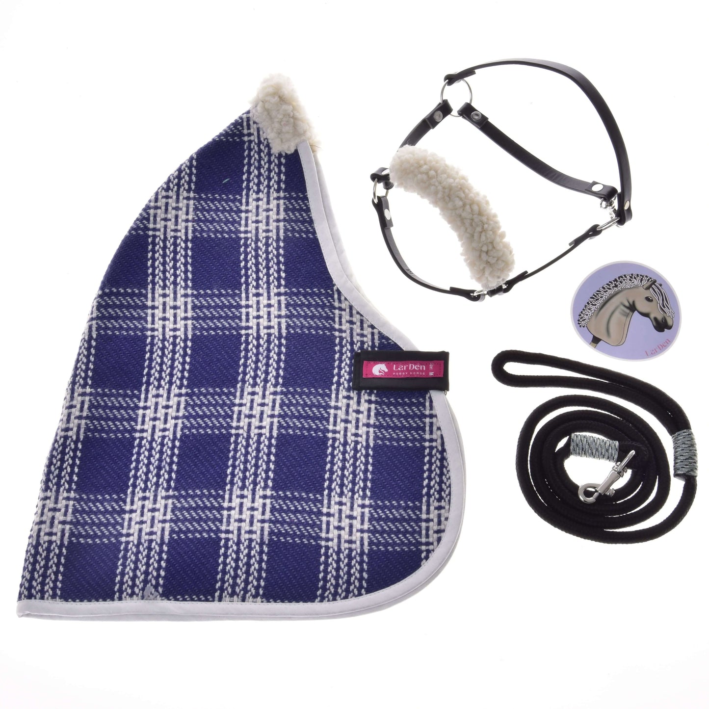 The Harmony Victory set by Hobby Horse LarDen includes a blue plaid stable blanket, black halter with white fleece, coiled black lead rope with metal clip, and a round horse head badge on white.