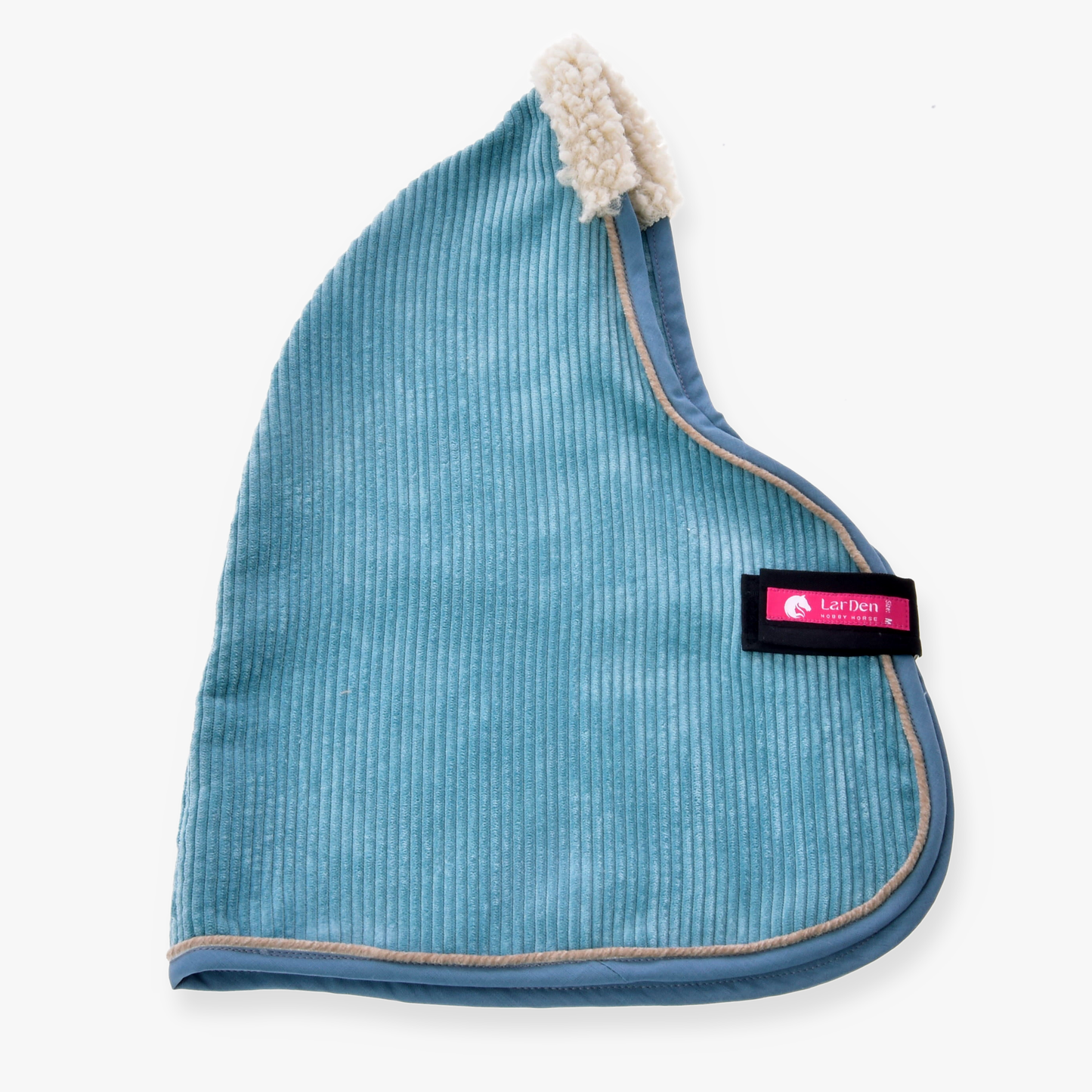 The Stable Blanket Fern by Hobby Horse LarDen is a light blue corduroy hood with beige trim and a fluffy cream top, featuring a pink and black Lani Ben label, styled like a Hobby Horse blanket and shown on a white background.