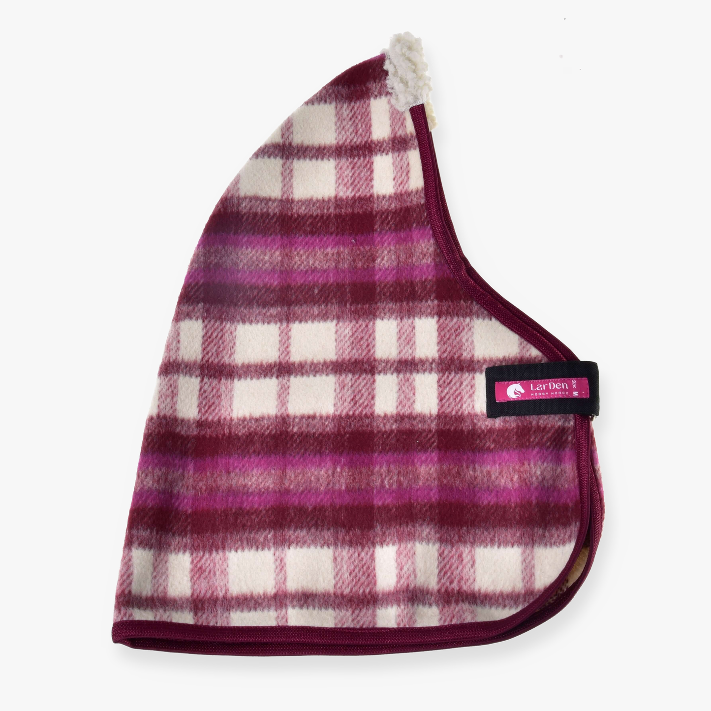 The Stable Blanket LarDen by Hobby Horse LarDen is a maroon, pink, and white plaid fleece dog coat with a cream sherpa-lined neck and black “LarlDen” label, shown against a white background.