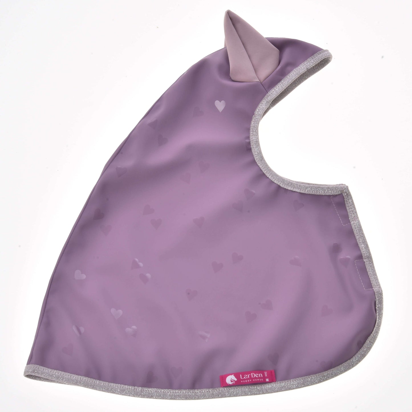 The Raincoat Sweetheart by Hobby Horse LarDen is a lavender baby bib with a heart pattern, gray trim, a cute fabric ear at the top, and a pink tag with white text—perfect as an adorable hobby horse accessory.
