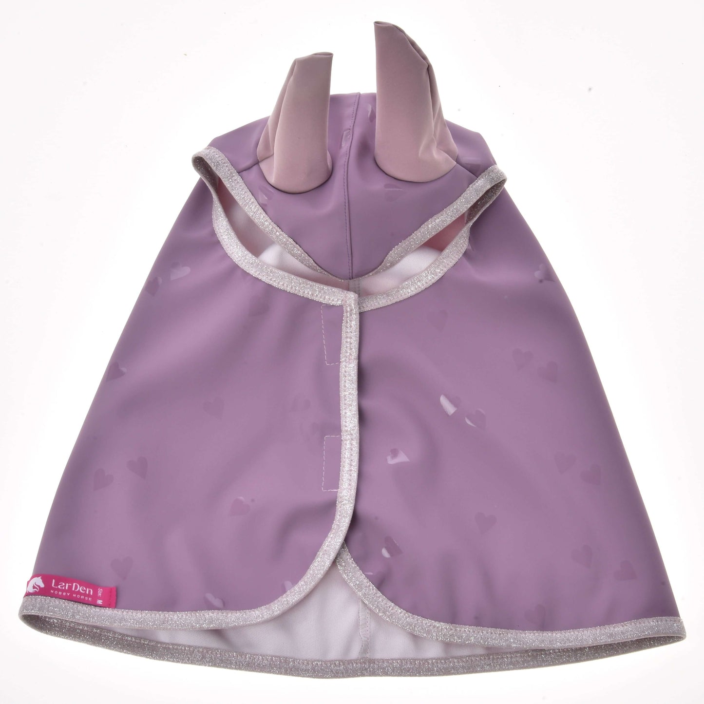 The Raincoat Sweetheart by Hobby Horse LarDen is a light purple riding raincoat with silver trim, heart patterns, and two soft upright ears on the hood. Displayed flat, it features a pink tag—a charming all-weather accessory.