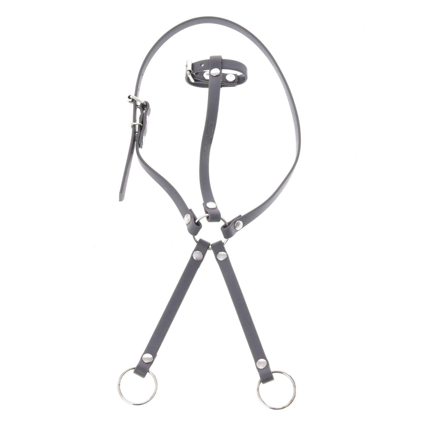 The Hobby Horse LarDen Martingale dark grey features a leatherette design with metal buckle, adjustable straps, and two metal rings at the ends, shown laid flat on a white background.