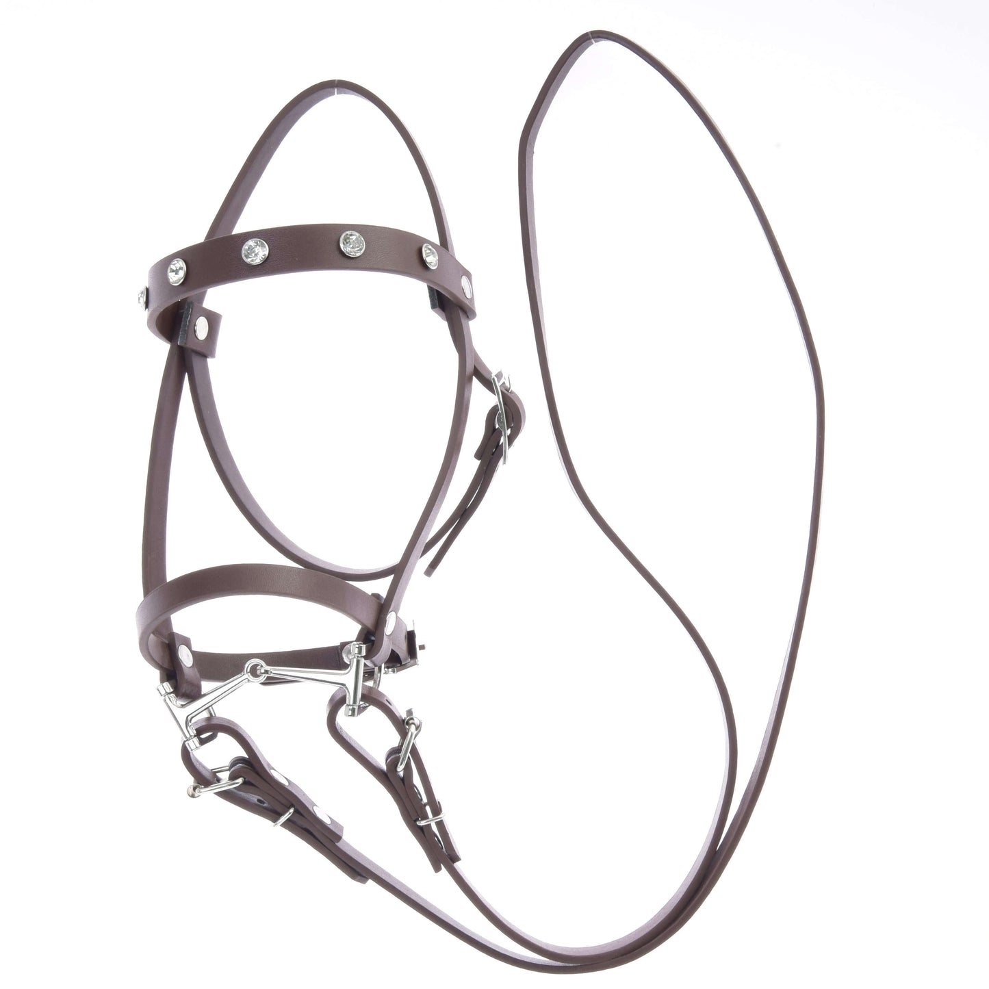 The Hobby Horse LarDen Complete brown bridle with diamonds from leatherette features metal buckles, detachable reins, a headpiece, and decorative accents, all displayed against a white background.
