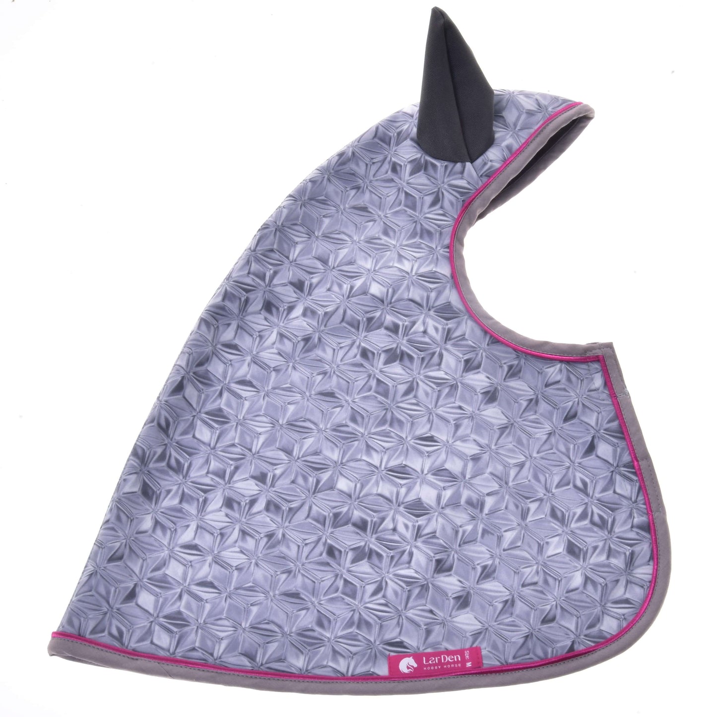 The Raincoat Valentine by Hobby Horse LarDen is a gray quilted horse ear bonnet with a geometric pattern, dark gray ears, and pink-trimmed edge. A small pink label with text accents the bottom. Shown against a white background.