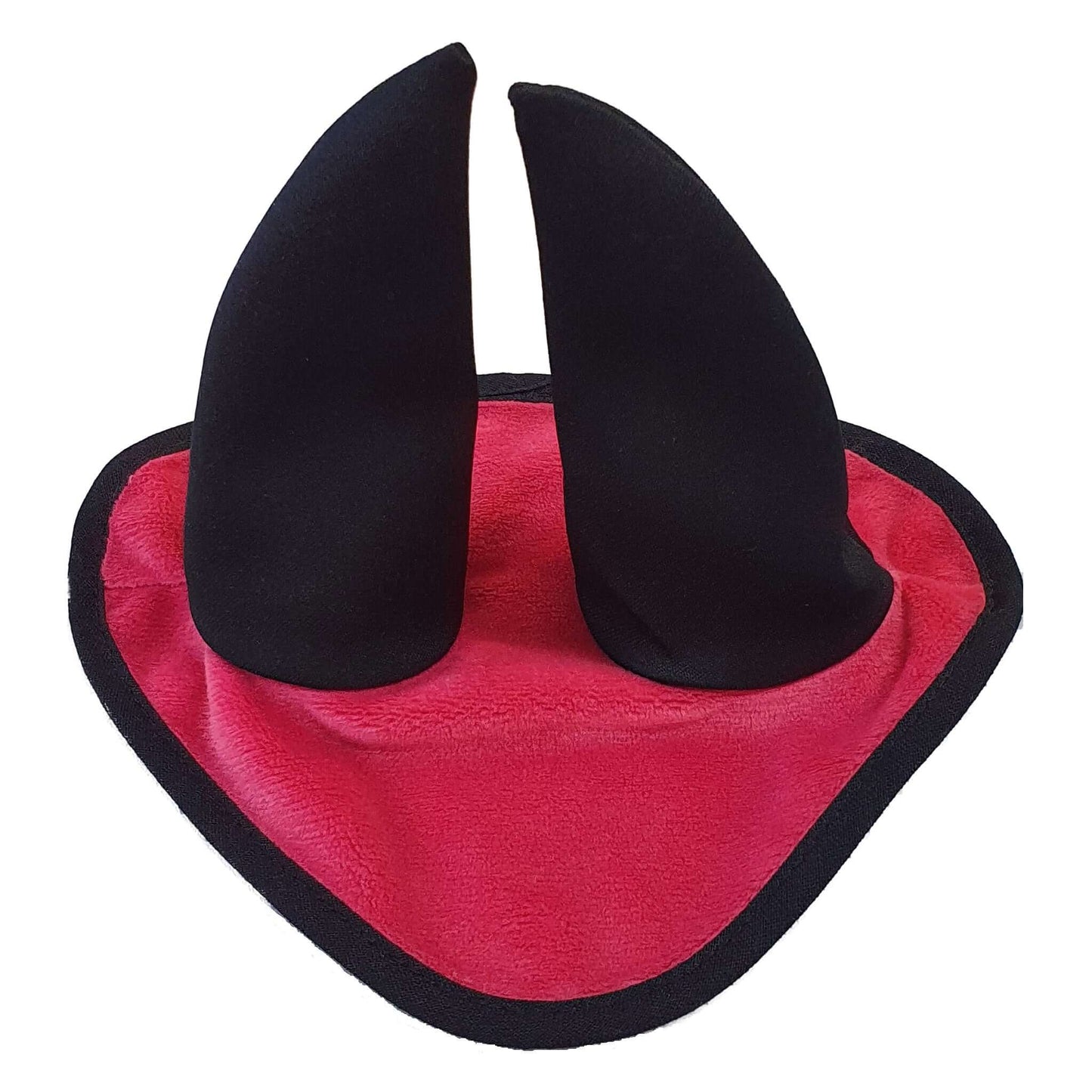 The Hobby Horse LarDen Ear Bonnet Raspberry is a red fabric triangle with a black border and two upright black horns, designed as a costume accessory.