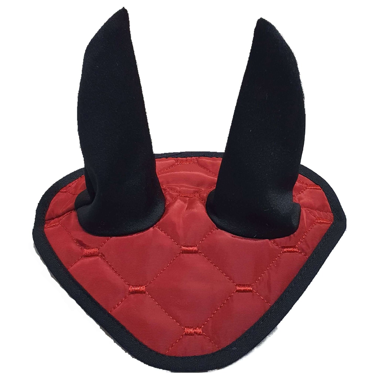 The Hobby Horse LarDen Ear Bonnet Thermo Bordeaux features red quilted fabric with a black border and tall black ear covers, offering stylish insect protection in a classic horse fly veil design.